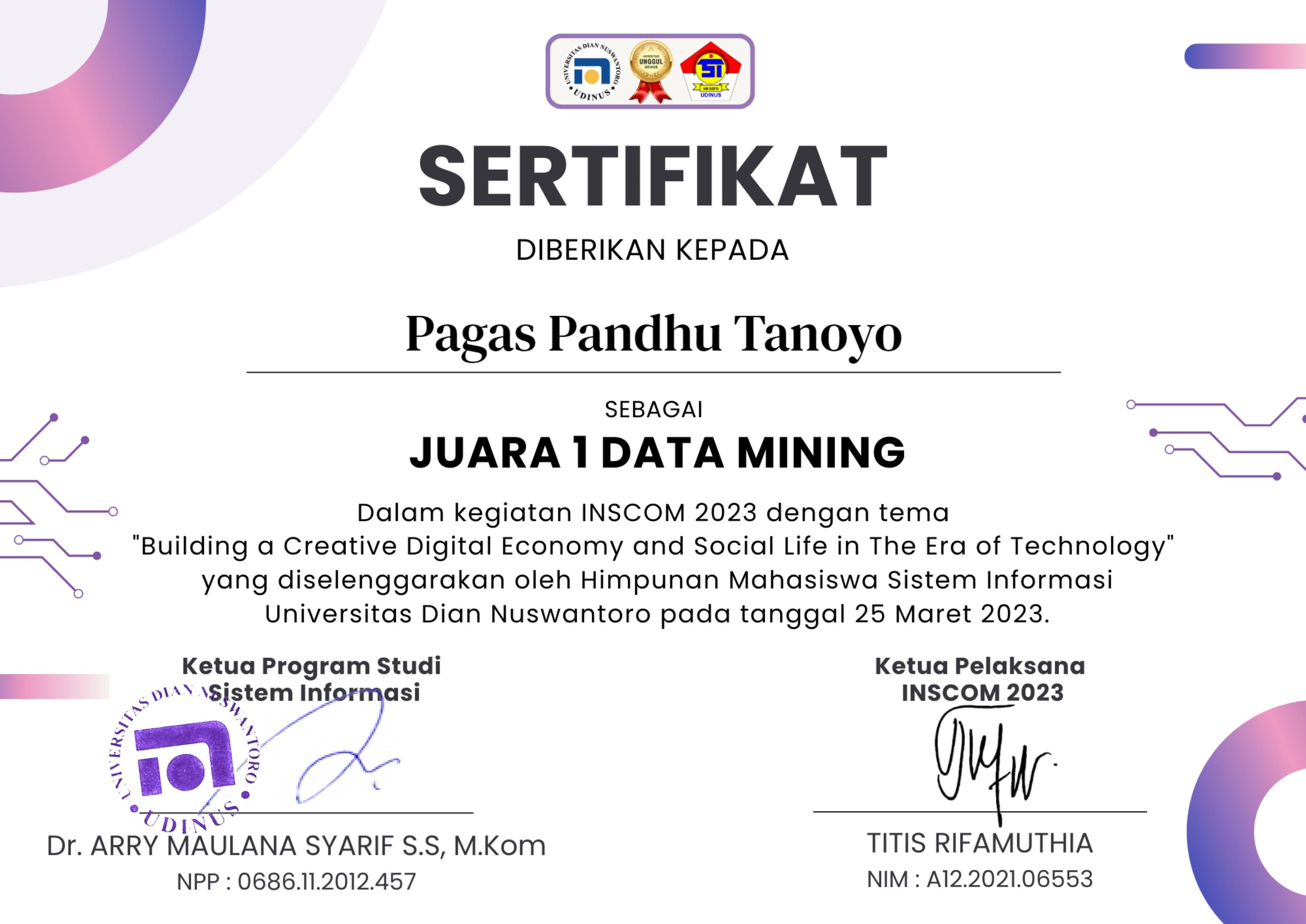 Sertifikat juara 1 Data Mining